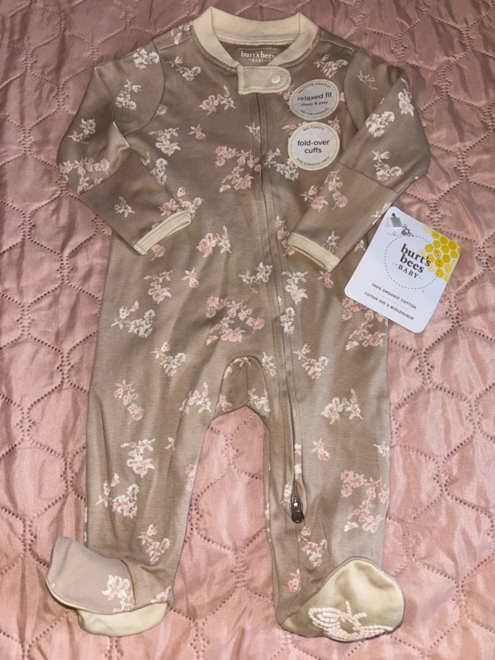 Burt's Bees Floral Organic Cotton Footie in Taupe and Pink